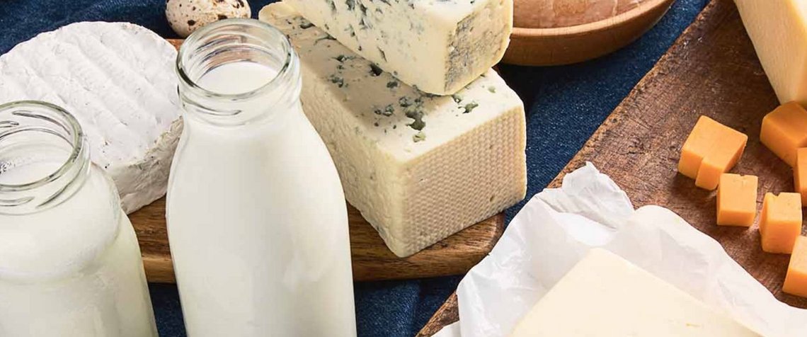 Fresh cheese and milk goods on a table