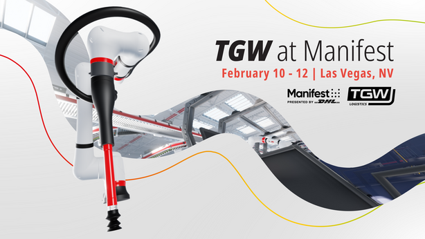 Graphic design of a TGW Rovoflex with a white/light background. Text reads: "TGW at Manifest. February 10-12. Las Vegas, NV."