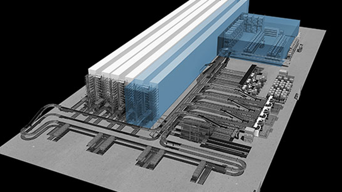 Rendering example of one of TGW Logistics' solutions for grocery ecommerce logistics: Micro Fulfillment Center