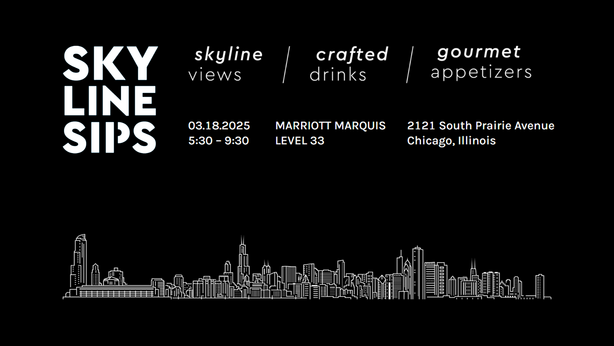 Black and white graphic with a Chicago skyline outline on the bottom and text near the top saying Skyline Sips and the event details