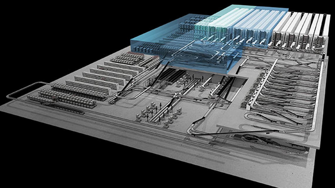 Rendering example of one of TGW Logistics' solutions for grocery ecommerce logistics: Central Fulfillment Center