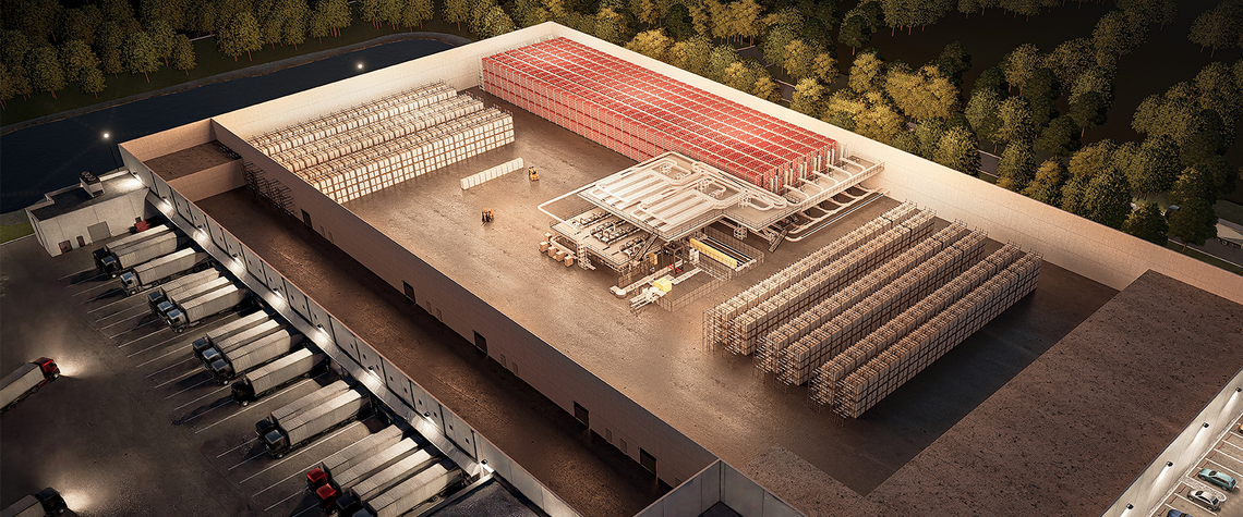 3D rendering of a customer site with end to end warehouse automation systems at night