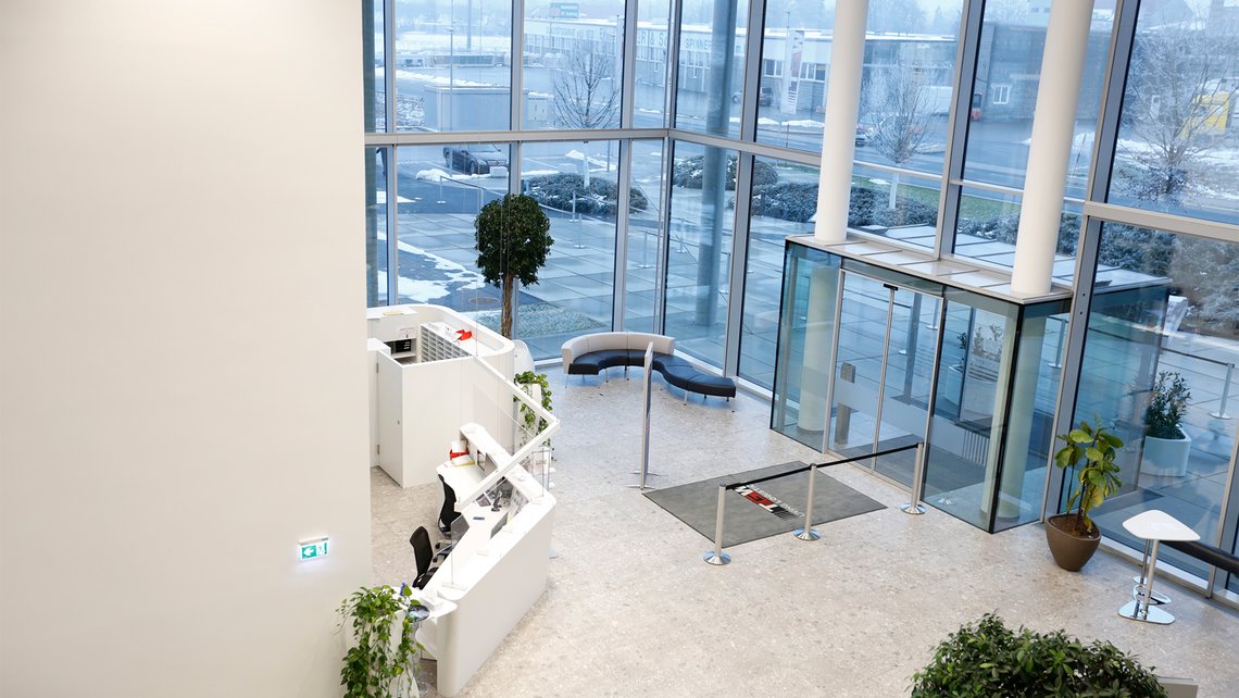 View from the stairs of the entrance of the TGW Logistics building in Marchtrenk, Austria