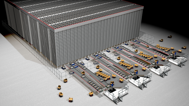 3D rendering of the LivePick goods to person picking system, utilizing mobile robotics from TGW Logistics