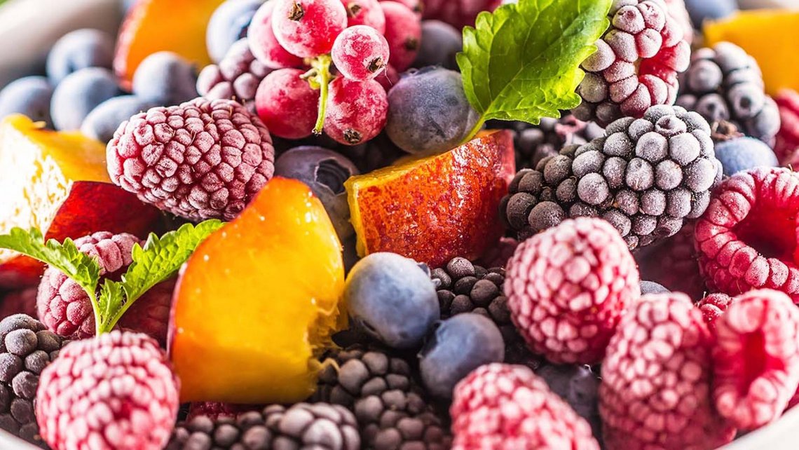 Mix of frozen fruit with blackberries, raspberries, strawberries and peach