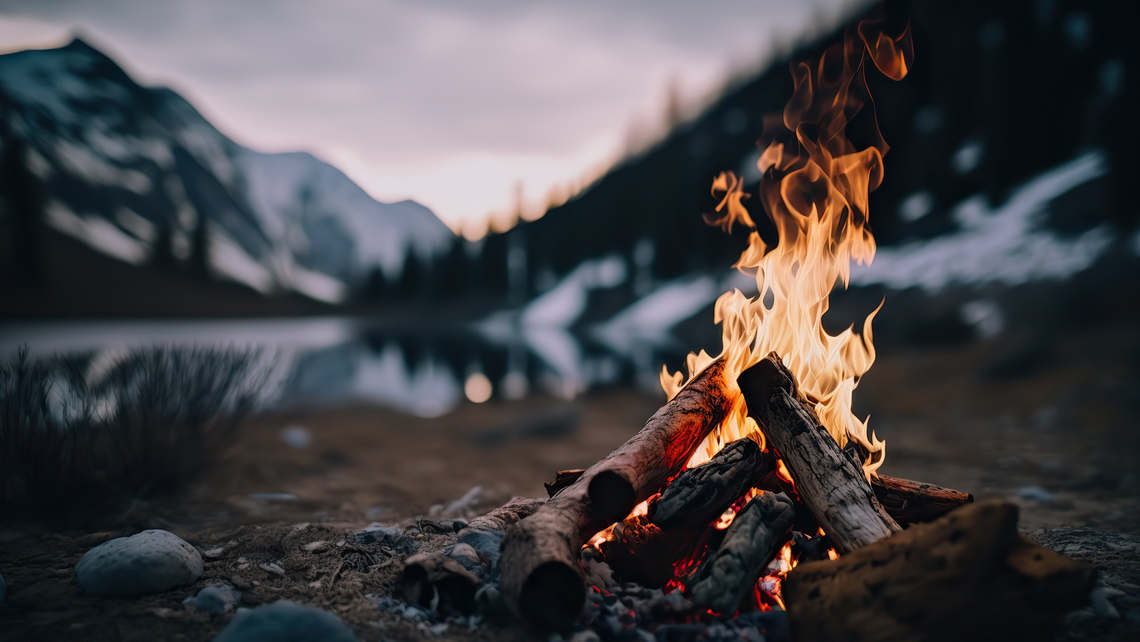 Image of a campfire near a lake nestled between two mountains at dusk