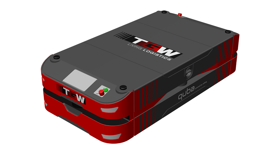 Image of a single red, black, and gray TGW Logistics' automated guided vehicle (AGV), a type of mobile robotic