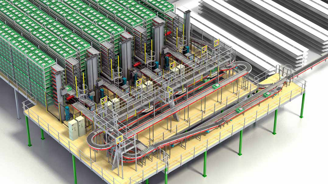 Rendering example of one of TGW Logistics' solutions for grocery ecommerce logistics: Consolidation