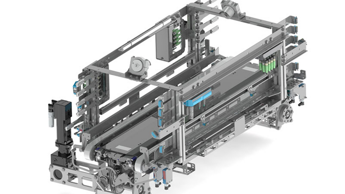 3D rendering of a combi telescope load handling device for the TGW Logistics mini load system