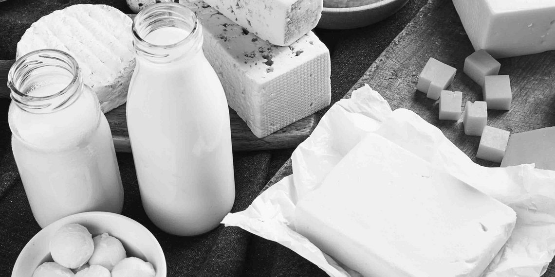 Black and White of dairy products with milk and cheese